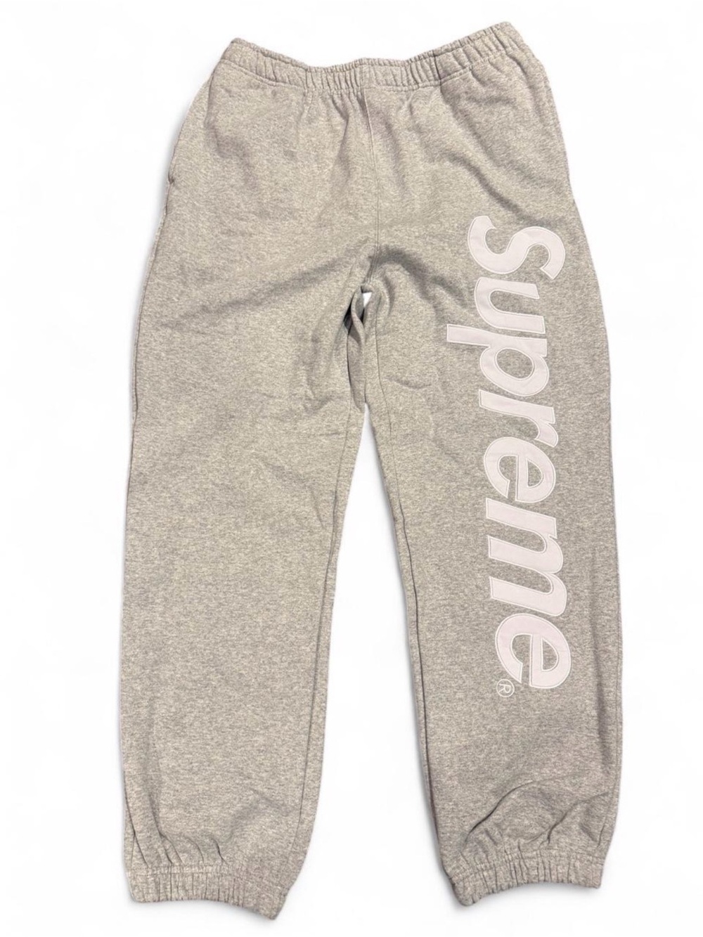 Supreme Satin Appliqué Sweatpants – Heather Gray – Size XL